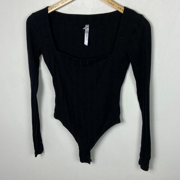 Free People Black Square Neck Ribbed Knit Bodysuit Revolve Size XS Beside Me Rib - Picture 12 of 14